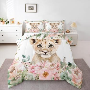 Imagem de Erosebridal Conjunto De Edredom Com Estampa Leão E Desenho Animado, Tamanho Queen, Infantil, Roupa Cama Floral Rosa, Para Meninos Meninas, Animal Safári, Acolchoado, Plantas Tropicais, Decoração Dor