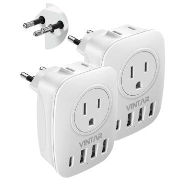 Imagem de Adaptador de plugue suíço VINTAR tipo J com USB para EUA, pacote com 2