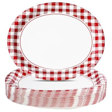 Imagem de Denwiller 50 peças de pratos ovais de guingão vermelho 25,4 x 30,5 cm, pratos descartáveis de papel xadrez vermelho e branco buffalo, utensílios de mesa de jantar xadrez para casamento, férias, Natal