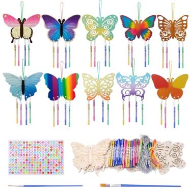 Imagem de Yitexin Kit de campainha de vento DIY de borboleta, faça suas próprias peças de sino de vento, kit de sino de vento para pendurar ao ar livre, arte de madeira e artesanato para presente de festa de