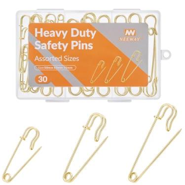Imagem de NEEWAY 30 pinos de segurança resistentes tamanhos variados (5 cm, 6,3 cm, 7,6 cm), alfinetes de segurança grandes para roupas, couro, lona, cobertores, artesanato, saias e kilts (dourado)