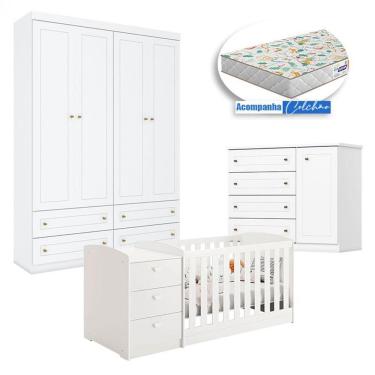Imagem de Quarto Infantil Americano 4 Portas E Berço Multifuncional Atlanta Branco Fosco Com Colchão Gazin - Reller