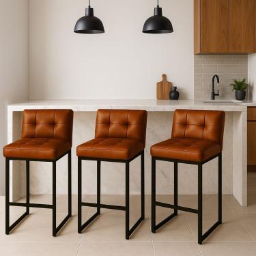 Imagem de Banqueta Cozinha Alta Com Encosto Industrial Kit 3 Preto Lirina Pu Nozes C05 - D'rossi