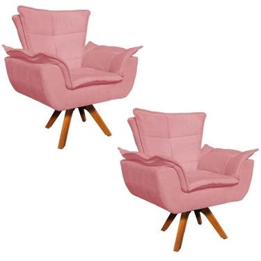Imagem de Kit 2 Poltronas Decorativas Sala De Estar Base Giratória Madeira Opla Suede Rose - Ibiza