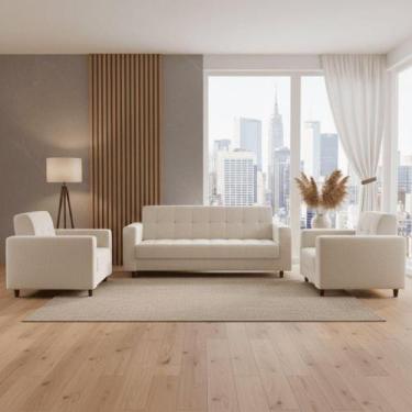Imagem de Kit 01 Sofá 3 Lugares E 02 Poltronas Arezzo Linho Areia A27 Pés Chanfr