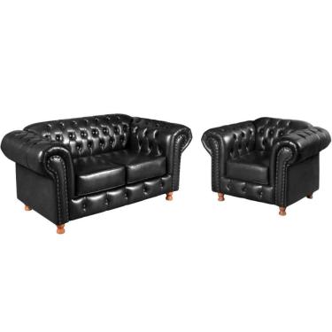 Imagem de Conjunto Sofá 2 Lugares E Poltrona Chesterfield Luís Xv Vintage Retrô Capitonê Couro Preto