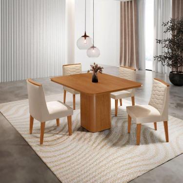 Imagem de Mesa De Jantar Eloise Canto Copo 4 Cadeiras Moderna Mobília Veludo Creme/naturale