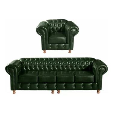 Imagem de Conjunto Sofá 4 Lugares E Poltrona Chesterfield Luís Xv Vintage Retrô Capitonê Couro Verde