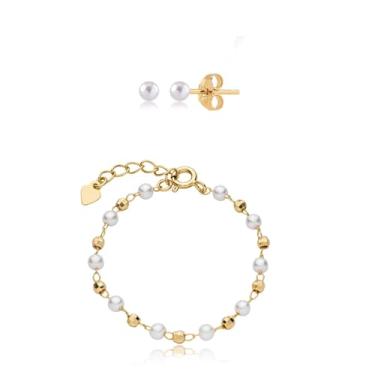 Imagem de Pulseira Infantil Bolinha + Brincos Banhado A Ouro Comprimento 14 Cm Cor Dourado Conjunto Infantil