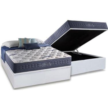 Imagem de Cama Box Baú Casal: Colchão Molas Ensacadas Anjos Masterpocket Bluse Sea + Base White(138X188)