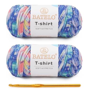 Imagem de BATELO Pacote com 2 fios de camiseta para iniciantes em crochê/cesta/porta-copos de 400 g/144 m de tecido elástico de poliéster grosso (spray arco-íris)