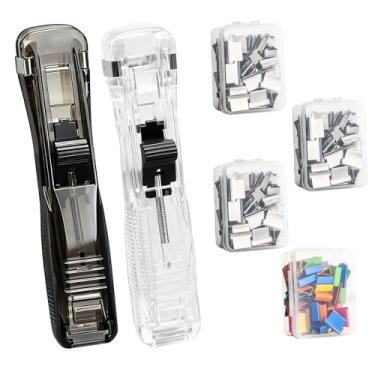 Imagem de Koceci 2 peças de dispensador de clipe de papel com 200 peças de clipes de moluscos, mini grampeador portátil, sem orifícios, clipe de pressão e grampo de papel para escola, escritório, casa (2 cores)