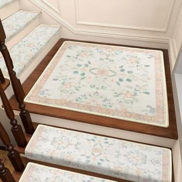 Imagem de RORA Tapete de aterrissagem antiderrapante para degraus de escada combinando para degraus de madeira em ambientes internos, tapete de escada, floral, tapete lavável para animais de estimação, 76 cm x