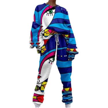 Imagem de Mulheres Tracksuit Sweater Tecido Mulheres Tracksuit Pullovers O Neck Abstract Print Cordão Sweat Suit, 4, L