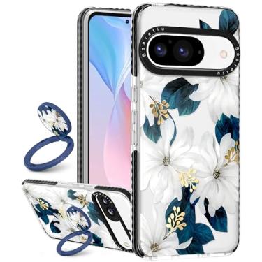 Imagem de Boaretiu Capa fofa Kawaii para Google Pixel 9/9Pro com suporte - Design de suporte de anel giratório adesivo de 360° para mulheres meninas e meninas para Google Pixel 9/9Pro, flor azul