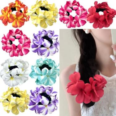 Imagem de Plumeria Laços de cabelo, cordas de cabelo, laços de cabelo de flores havaianas, faixa de cabelo elásticos decorativos acessórios de cabelo para casamento, férias, viagem, festa na praia
