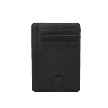 Imagem de Carteira fina minimalista, bolso frontal de poliuretano com bloqueio de RFID, suporte para cartão de crédito, clipe para dinheiro com janela para identidade para homens e mulheres, Preto, Minimalista