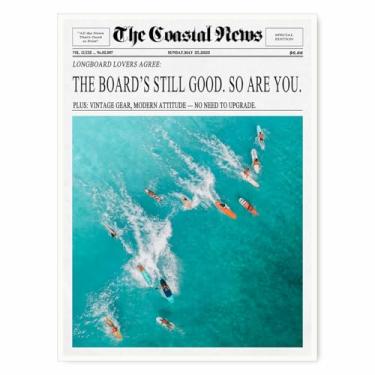 Imagem de The Coastal News Tela vintage prancha de surf arte de parede oceano aéreo surfe pôster impresso para quarto elegante lounge surfe barraca ou casa de praia decoração de parede pôster 28x35,5 cm sem