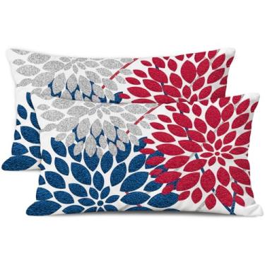 Imagem de WitHero Conjunto de 2 fronhas decorativas de 30,5 x 50,8 cm, branco, linho, vermelho, azul, prata, cinza, fazenda, interior, exterior, moderno, floral, dália, flores, capa de almofada para sofá