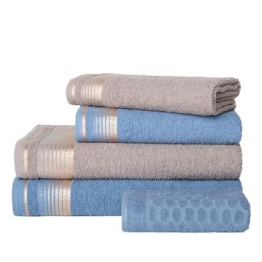 Imagem de Jogo Toalhas 5 Peças 2 Banho, 2 Rosto, 1 Piso Algodão - Rosa Toalhas(AZUL + CINZA)