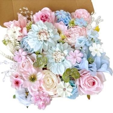 Imagem de Conjunto de caixa de flores artificiais azul bebê rosas com hastes cristal faça você mesmo pastel arco-íris buquês de casamento casamento arranjos florais falsos chá de bebê mesa de centro de mesa
