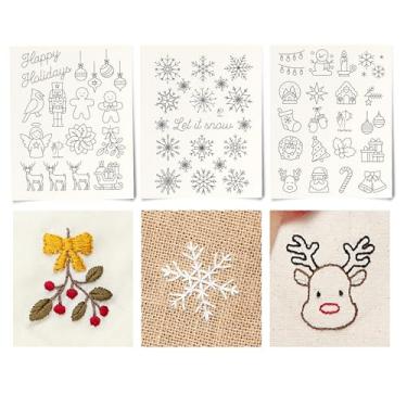 Imagem de Padrões de bordado em bastão e costura, designs de feriado/floco de neve, papel de transferência estabilizador de bordado solúvel em água, kit de bordado manual para iniciantes (3 páginas de feriado)
