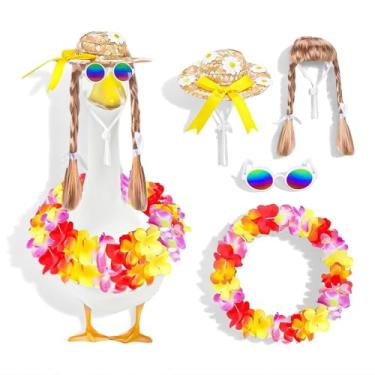 Imagem de ZZQPSD 4 peças de roupa havaiana de ganso de varanda com chapéu de palha, óculos de sol, peruca para estátua de gramado de 58 cm, roupas de ganso para decoração de jardim ao ar livre, pátio, quintal