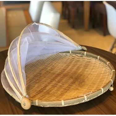 Imagem de Porta Pão E Bolo Rattan Retrátil Redondo Bambu Grande Natural Artesana