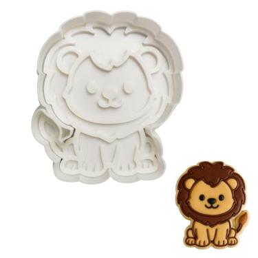 Imagem de Conjunto de cortador de biscoito e carimbo de leão – Ferramenta de cozimento em forma de animal de 8,5 cm para biscoitos, fondant, artesanato de argila - Cortador detalhado com tema safári com alça