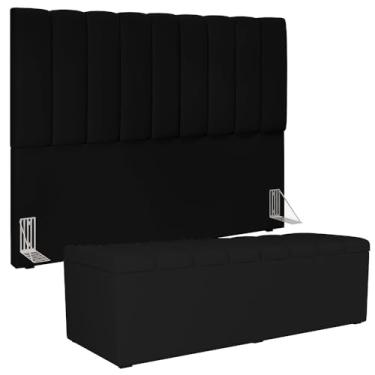 Imagem de Kit Cabeceira Cama Box Casal King 195cm com Calçadeira Baú Dália W01 Suede Preto - Lyam