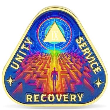 Imagem de Masfoponic Moeda de sobriedade triângulo labirinto de 9 anos – Medalhão Journey into Serenity NA – Token espiritual para recuperação e tempo limpo – Capacitando chips NA AA – Presente para homens e