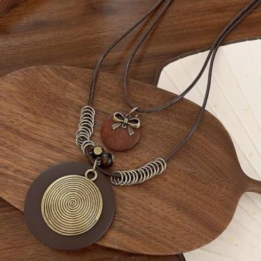 Imagem de Boho Colar com pingente em camadas, colares longos para mulheres, colares de couro, presentes de amizade, joias, Medium, Latão, Sem Pedra Preciosa