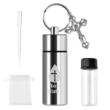 Imagem de Garrafa de água benta, recipiente de água benta, presentes de batismo para meninas menino chaveiro de prata com pingente de cruz saco conta-gotas para favores de batismo de primeira comunhão cristã