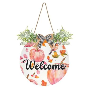 Imagem de SEHANY Guirlandas de outono para decoração de porta da frente, letreiro de boas-vindas de abóboras de madeira rústica para pendurar no dia de Ação de Graças para decoração de festas ao ar livre