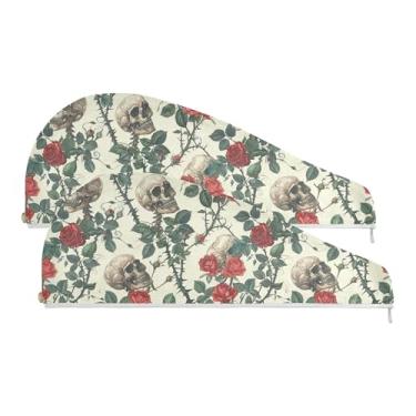 Imagem de SEHANY Toalha de cabelo de microfibra rosa e caveira para mulheres, 2 peças, turbantes de cabelo de secagem rápida com botão, touca de cabelo seco absorvente toalha de secagem de cabelo para cabelos