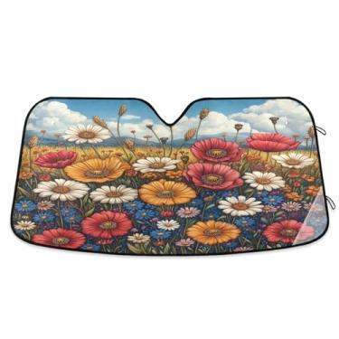 Imagem de ATTX Pára-brisas de carro colorido Wildflowers 139.7 cm x 70.1 cm Protetor solar universal com proteção UV, persiana de janela frontal automática dobrável para caminhões Sedans SUVs #236