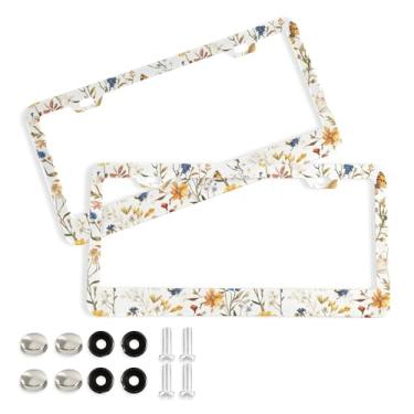 Imagem de SEHANY Molduras de placa de licença de flores florais coloridas, capas de moldura de placa de carro de alumínio à prova de ferrugem com orifícios elípticos e parafusos serve para veículos padrão dos