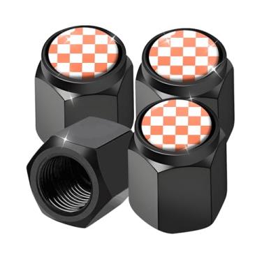 Imagem de 4 peças de tampas universais de haste de válvula de pneu de alumínio, poeira durável e corrosão, capas à prova de prova para carros, caminhões, bicicletas, motocicletas (tabuleiro de xadrez laranja