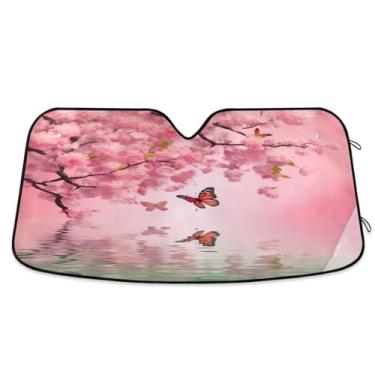 Imagem de ATTX Para-brisa de carro de borboletas cor-de-rosa 134.6 cm x 59.7 cm escudo solar universal com proteção UV, persiana de janela frontal automática dobrável para caminhões Sedans SUVs #874