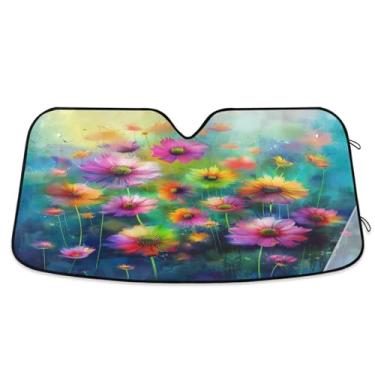 Imagem de ATTX Pára-brisas de carro flores coloridas 139.7 cm x 70.1 cm escudo solar universal com proteção UV, persiana de janela frontal automática dobrável para caminhões Sedans SUVs #527