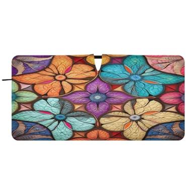 Imagem de Blueangle Para-brisa de azulejo têxtil oriental colorido - 149.9 cm x 76.2 cm dobrável carro janela frontal blocos para-sol raios UV viseira de sol (452)