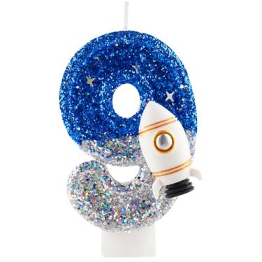 Imagem de Vela de aniversário de 9 anos, foguete espacial, número 9 velas, azul, prata, enfeite de bolo, decoração de feliz aniversário, para meninas, meninos, artigos de festa de aniversário
