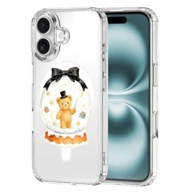 Imagem de MAYCARI Capa de telefone de Natal para iPhone 16 Plus compatível com ímã bola de cristal urso mágico transparente capa de telefone magnética para meninas mulheres capa protetora à prova de choque TPU