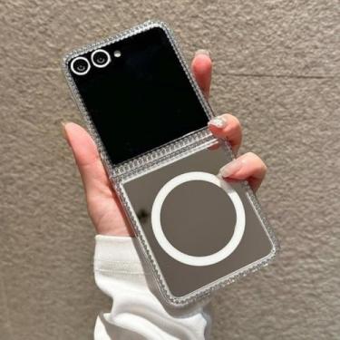 Imagem de Capa espelhada de luxo cravejada de diamantes para Samsung Galaxy Z Flip 5 6 7 5g Flip7 Fe Flip6 com carregamento magnético (para Galaxy Z Flip7/6)