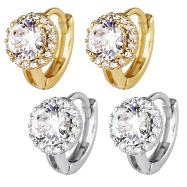 Imagem de Gemynix Brincos de argola de zircônia cúbica banhados a ouro 14K, pequenos brincos de cristal delicados para mulheres, Small, Latão, Sem pedra preciosa