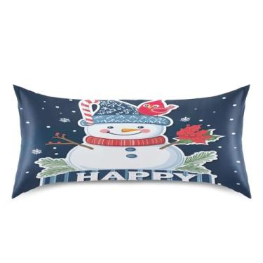 Imagem de Wassud Fronha de cetim para cabelo e pele Natal boneco de neve vermelho cardeal pássaro macio fronhas de travesseiro king size respiráveis com fecho de envelope