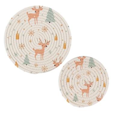 Imagem de Wassud Conjunto de trivet de veado de Natal para pratos quentes, suportes redondos de algodão, almofadas quentes, porta-copos elegantes, decoração de cozinha e acessórios, 2 peças