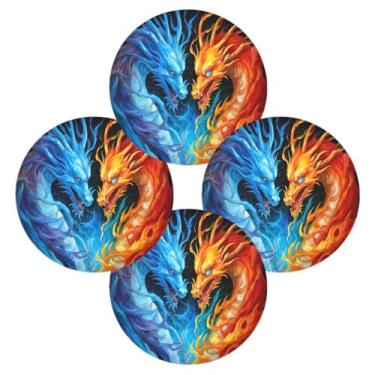 Imagem de Wassud Jogo americano conjunto de 4 tapetes redondos de dragão de fogo e dragão de água para cozinha e jantar tapetes laváveis resistentes ao calor para decoração de mesa 39 cm