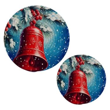 Imagem de Wassud Conjunto de trivet de sinos de Natal para pratos quentes, suportes redondos de algodão, almofadas quentes, porta-copos elegantes, decoração de cozinha e acessórios, 2 peças