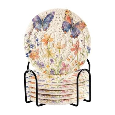 Imagem de SEHANY Elegante conjunto de 6 porta-copos de flores de borboleta com suporte, porta-copos redondos absorventes de algodão resistente ao calor para mesa de jantar, canecas de café, 10 cm